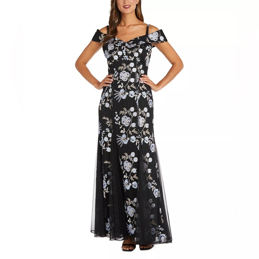 NEW R&M Richard's Floral Embroidered Cold-Shoulder Gown-Size 12